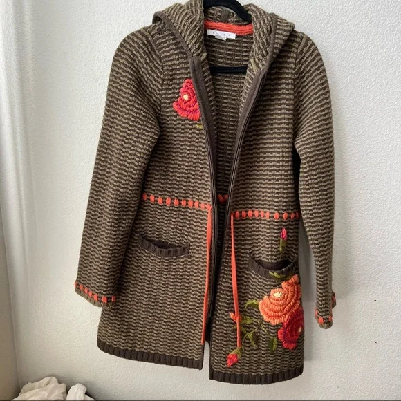 CABI green chunky knit floral embroidery hooded duster cardigan sweater womens M - Picture 1 of 5